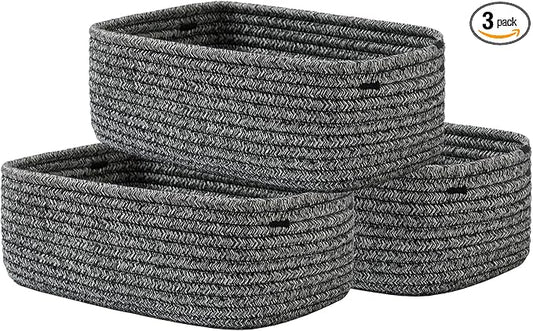 Small Woven Basket, 12 x 8 x 4.5 Inches, Storage Basket for Organizing, Cute Small Rope Shelf Closet Cube Storage Bins Baskets for Shelves, Dog Toy Gift Baskets Empty, 3 Pack Mixed Black