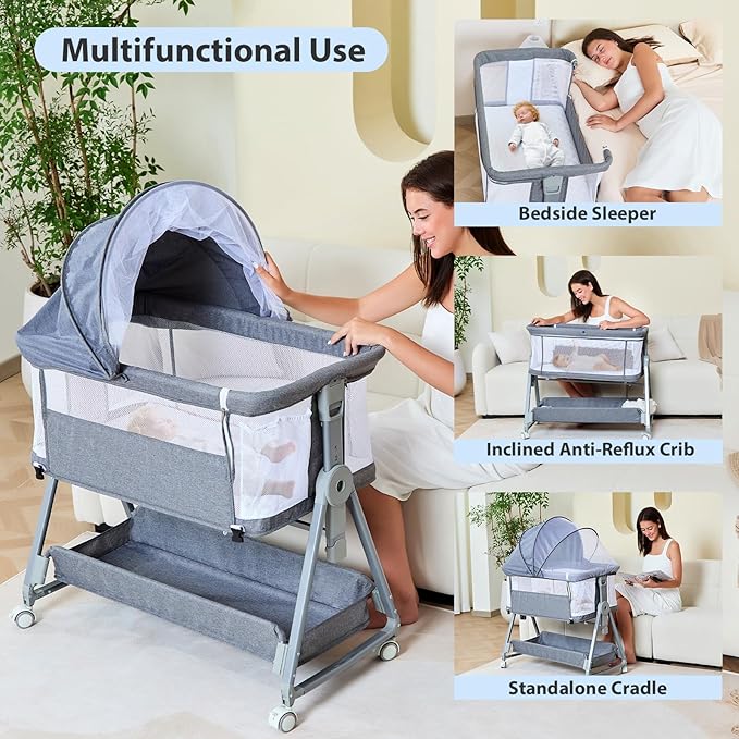 3-in-1 Baby Bassinet Bedside Sleeper with Wheels Bedside Bassinet for Newborn and Infant with Mattress and Storage Basket | Adjustable Height & Angle (13.5-18") | ASTM/CPSIA Certified (Grey)