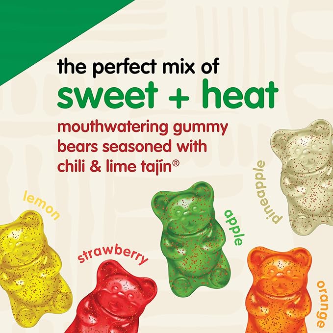 Snak Club Tajin Gummy Bears, Assorted Fruit Candy Gummies with Chili and Lime Seasoning, Mild, Gluten-Free and Vegan Snacks, 2 oz Snack Bags, 12 Pack