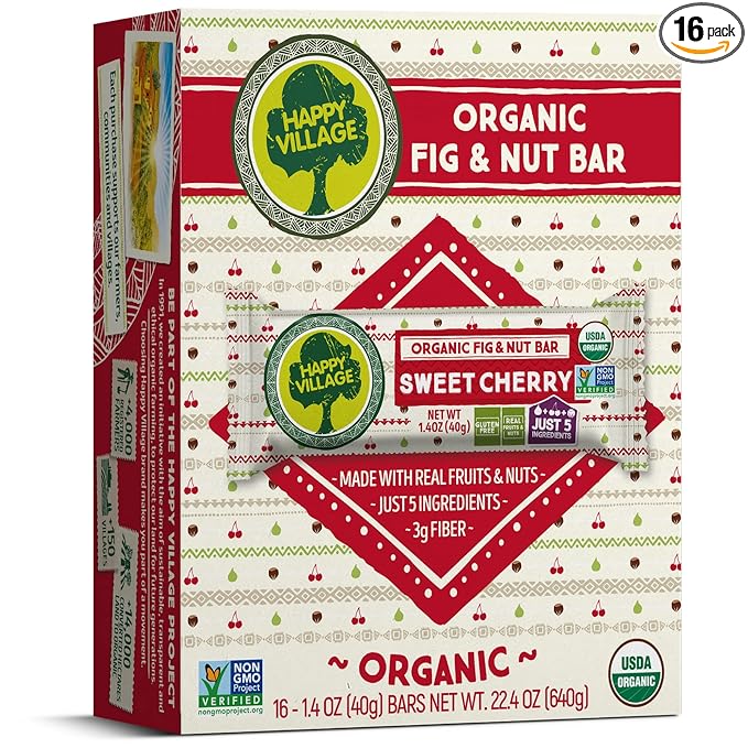 Happy Village Organic Fruit & Nut Bar, SWEET CHERRY | Gluten Free, No Refined Sugar, Kosher, Non-GMO, Vegan, Good Source of Fiber | Organic Healthy Snack Bars (16 bars, 1.4 OZ each)