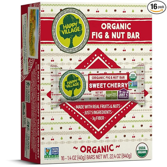 Happy Village Organic Fruit & Nut Bar, SWEET CHERRY | Gluten Free, No Refined Sugar, Kosher, Non-GMO, Vegan, Good Source of Fiber | Organic Healthy Snack Bars (16 bars, 1.4 OZ each)