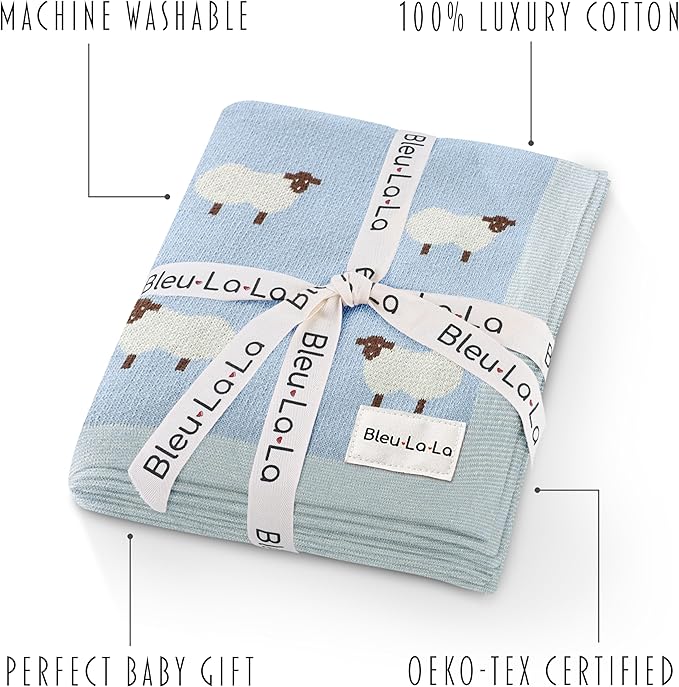 Knit Baby Swaddle Blanket for Boys - 100% Cotton Soft Cozy Lightweight Receiving Swaddling Stroller Quilt Blanket for Newborns Infants Toddlers (Sheep - Baby Blue)
