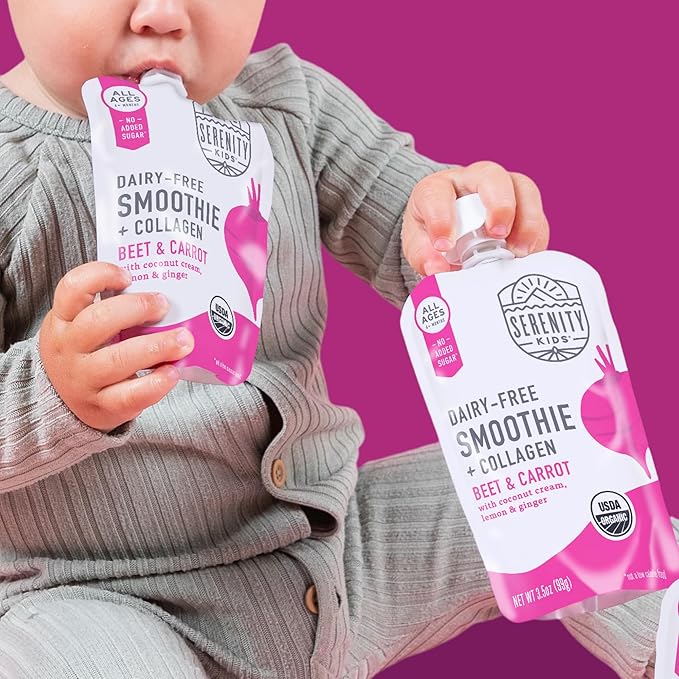 Serenity Kids 6+ Months Dairy-Free Baby Protein Smoothie Pouch - BPA-Free & USDA Organic Beet & Carrot - Grass Fed Collagen Protein & Organic Collagen - 3.5 Oz, 6 Pack