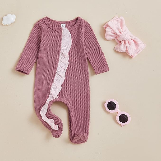 Newborn Girl Clothes Baby Girl Coming Home Outfit Zipper One-piece Outfits Ruffle Footie Bodysuit Jumpsuit Headband