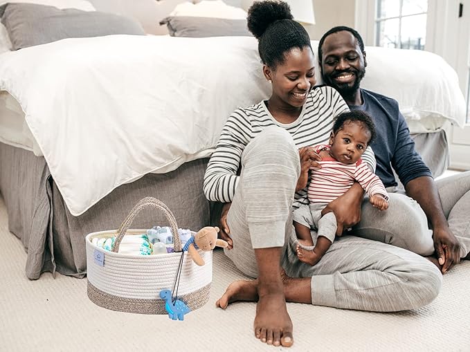 Baby Extra Large Cotton Rope Diaper Caddy, Organizer Storage Bin for Nursery Essentials, 100% Natural Cotton Eco friendly, Organizer with Removable Divider (White & Brown)