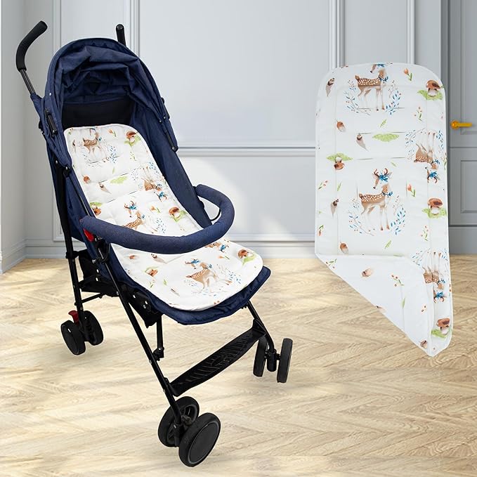 Baby Stroller Cushion,Infant Car Seat Insert-Reversible Universal Breathable and Soft Newborn Stroller Mat,100% Cotton Cover Toddler Seat Pad Liner-34x78cm,1 Pack(Deer+Hazelnut)