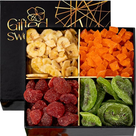 Dried Fruit Gift Basket - 4 Variety Assortment - Gourmet Dried Fruit, Snack Box, In An Elegant Gift Box, Gift Set for Birthday, Sympathy, Healthy Gift Snack Box for Men and Women