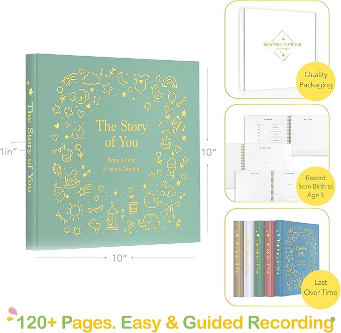 Baby Memory Book First 5 Year Boy or Girl Keepsake Journal Photo Albums Scrapbook, Gifts for Baby Shower First Time Mom New Parents (Toy - Sage Green)