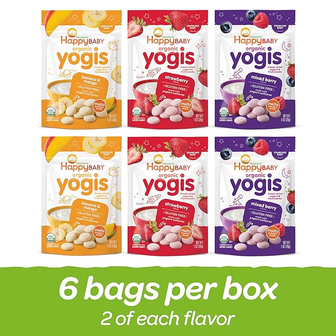 Happy Baby Organics Yogis Freeze-Dried Yogurt & Fruit Snacks, Variety Pack, 1 Ounce (Pack of 6)