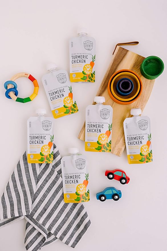 Serenity Kids Organic Turmeric Chicken Bone Broth Made with Organic Veggies - BPA-Free Puree Baby Food Pouches with Pasture-Raised Chicken & Veggies - Savory Flavor - 3.5 Oz, 6 Pack