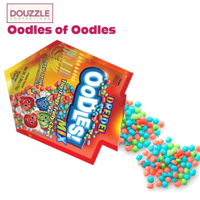 DOUzzle Hanukkah Candy Dreidels for Kids, Dreidel Shaped Oodles, MIX Falvors Tiny Tangy Fruity Chews (Pack of 1) Hanukah Party Favors, Happy Chanuka Sweet Treat & Gifts - Kosher Parve