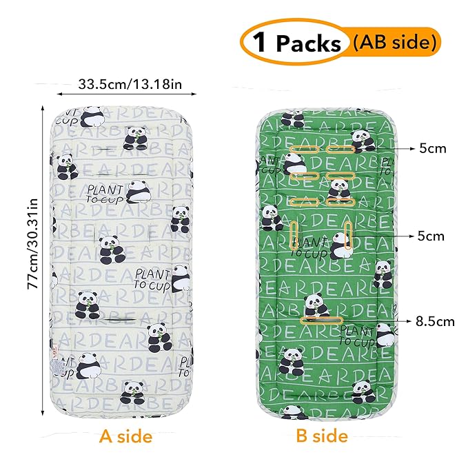 Baby Stroller Cushion,Infant Car Seat Insert-Reversible Universal Breathable and Soft Newborn Stroller Mat,100% Cotton Cover Toddler Seat Pad Liner-34x78cm,1 Pack(Green Panda)