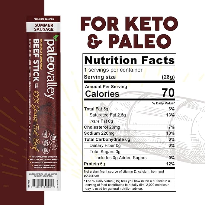 Paleovalley 100% Grass Fed Summer Sausage Beef Sticks - Delicious Gluten Free Beef Snack - High Protein Keto Friendly