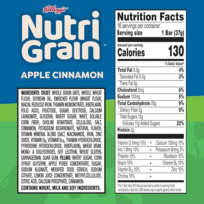 Nutri-Grain Breakfast Bars, Made with 10g Whole Grains, Snack Bars, Apple Cinnamon, 20.8oz Box (16 Bars)