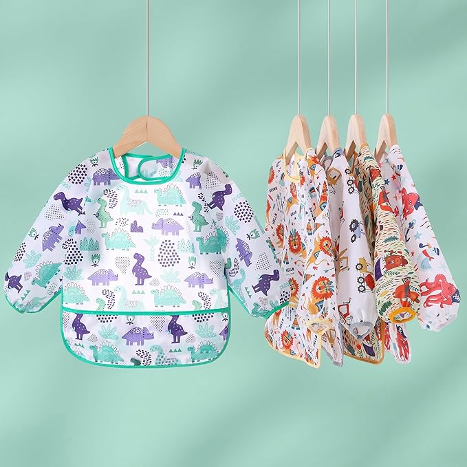 Sleeved Bib,5 Pack,Waterproof Shirt Bibs for Baby 3-24 Months Wipe Clean