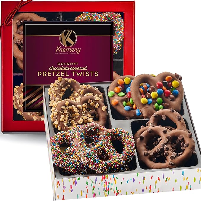KREMERY Creamy Chocolate Cravings - Chocolate Covered Pretzel Twists Gift Basket, in Brown Gift Box (12 Pretzels, Assorted Sweet Toppings) Food Arrangement, Food Assortments USA Made