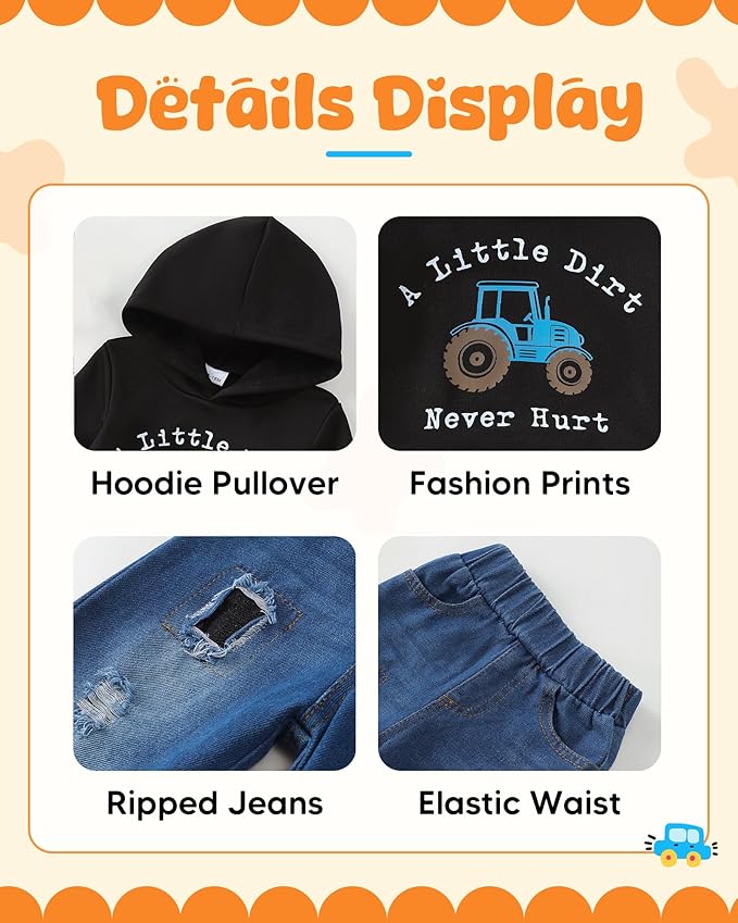 NZRVAWS Baby Boy Clothes Toddler Boy Outfit 2 3 4T 6 12 18 24 Month Fall Winter Hoodie Ripped Jeans Clothing