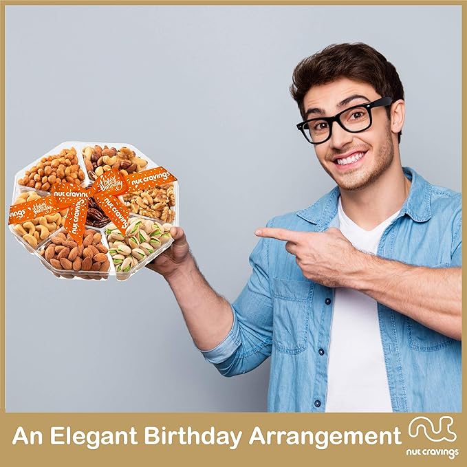 NUT CRAVINGS Gourmet Collection - Happy Birthday Treats, Nuts Gift Basket with Bday Ribbon (7 Assortments) Food Platter, Healthy Snack Care Package, Food Assortments