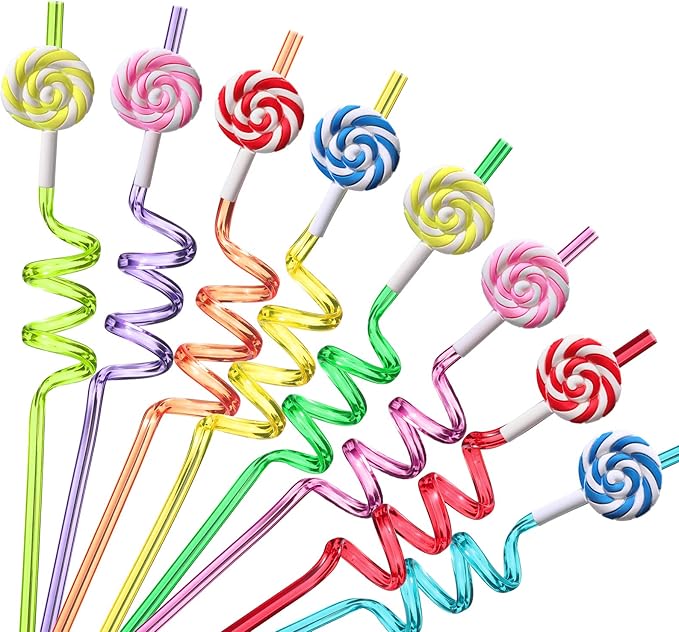 Candyland Party Supplies Drinking Plastic Straws Reusable 24 for Kids Sweet Candy Lollipop Birthday Party Favors with 2 Cleaning brush