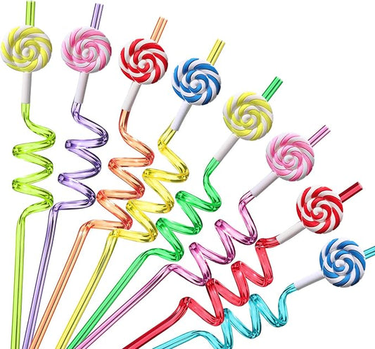 Candyland Party Supplies Drinking Plastic Straws Reusable 24 for Kids Sweet Candy Lollipop Birthday Party Favors with 2 Cleaning brush