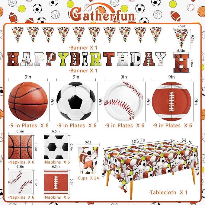 Sports Themed Birthday Party Kit for 24 - Includes Sports Banner, Tablecloth, Cups, Plates and Napkins for Boys Sports Theme Party Decorations Supplies