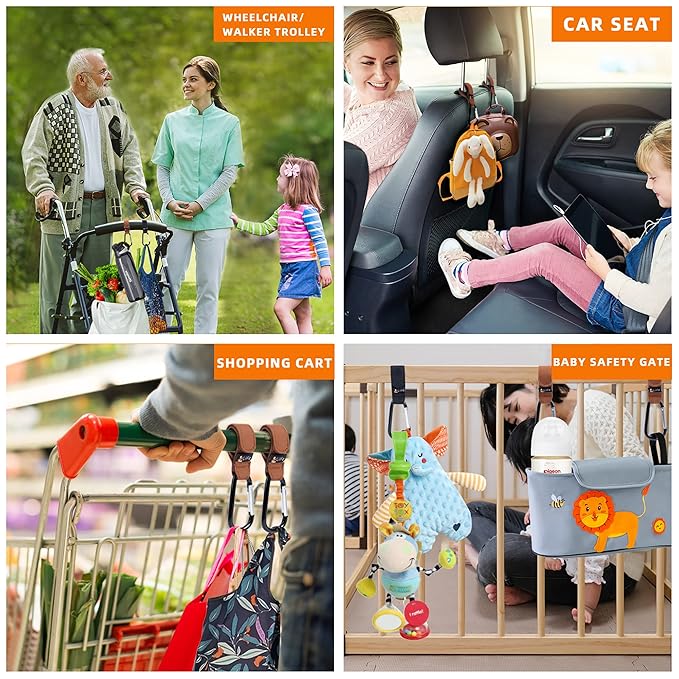 6 Pcs Baby Stroller Hooks for Hanging | Multipurpose Stroller Straps with Durable and Stylish Stroller Clips for Diaper Bags | The Perfect Mummy Hook for Stroller, Walker and Shopping (Brown & Black)