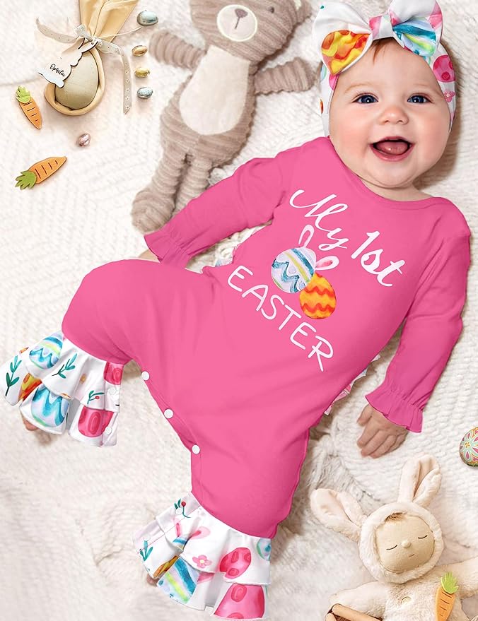 AGAPENG Newborn Girl Clothes Ruffle Letter Print Romper Infant Bell Bottom Jumpsuit Boho Baby Girl Clothes with Headband Hat