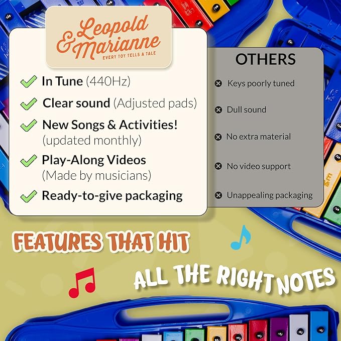 Leopold & Marianne | Xylophone for Kids Ages 5-9 | Kids Musical Instrument | Glockenspiel 25 Notes Chromatic | Color Metal Keys | Music Book Included, Play-Along Videos, Blue Carry Plastic Case