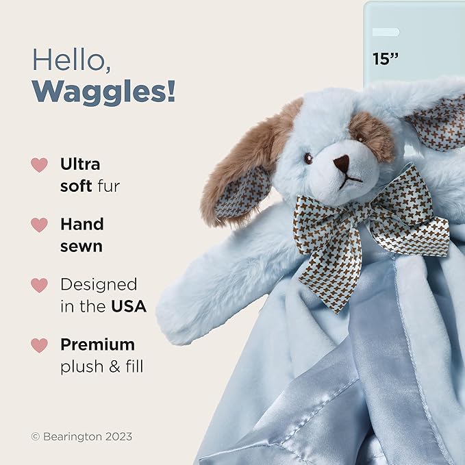 Bearington Baby Waggles Snuggler, 15 Inch Blue Puppy Dog Plush Stuffed Animal Security Blanket Lovey for Babies