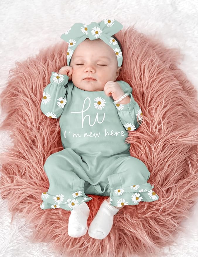 AGAPENG Newborn Girl Clothes Ruffle Letter Print Romper Infant Bell Bottom Jumpsuit Boho Baby Girl Clothes with Headband Hat