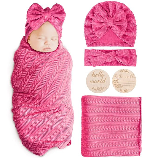 Newborn Receiving Blanket with Bow Hat Headband Wooden Card Set Wheat-Pattern Newborns Toddler Baby Boy Girl Nursery Swaddle Wrap