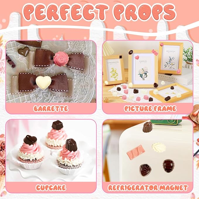 Hiawbon 24 Pcs Fake Chocolate Valentine's Artificial Food Chocolate White Pink Chocolates Mixed Color Chocolate Models Bulk Candy Chocolate Models Simulation Chocolate for Valentine's Gift DIY Crafts