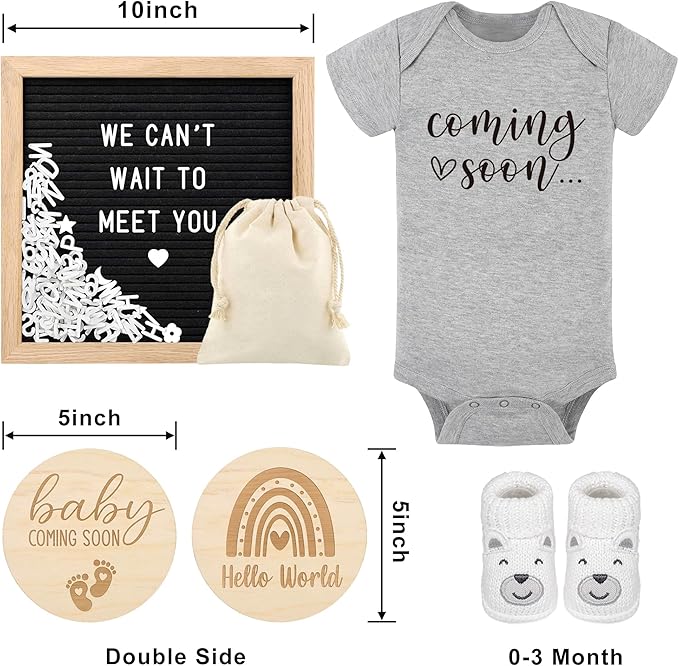 Pregnancy Announcement, Coming Soon Baby Announcement For Grandparents Dad Husband Family, Pregnancy Reveal Ideas, Gender Reveal Baby Shower Gifts -Felt Letter Board, Onesie, Booties, Wooden Sign