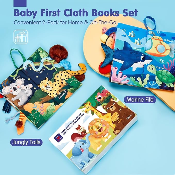 hahaland Baby Toys 0-6 Months - Crinkle Books for Babies 2-Pack, Soft Cloth Sensory Touch Feel Baby Book 6-12 Months, Infant Tummy Time Toys 3 Month Newborn Baby Boys Gifts Christmas Stocking Stuffers