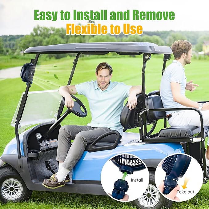 10L0L Golf Cart Fan - Universal Mount, 8000mAh Battery, 3-Speed Fan, LED Light, 56-Hour Runtime, Reverse Charging Function for Yamaha EZGO Club Car Golf Cart, Blue