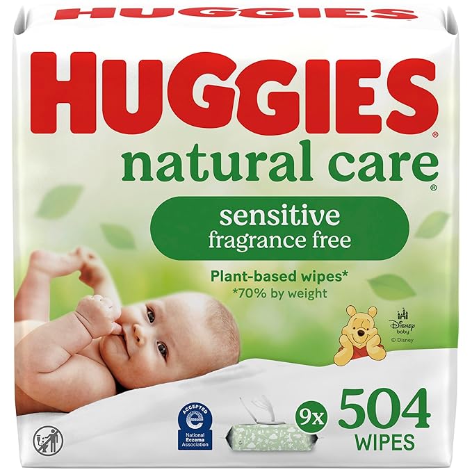 Huggies Natural Care Sensitive Baby Wipes, Unscented, Hypoallergenic, 99% Purified Water, 9 Flip-Top Packs (3 packs of 3), 504 Total Wipes (56 Wipes per pack), Packaging May Vary