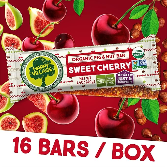 Happy Village Organic Fruit & Nut Bar, SWEET CHERRY | Gluten Free, No Refined Sugar, Kosher, Non-GMO, Vegan, Good Source of Fiber | Organic Healthy Snack Bars (16 bars, 1.4 OZ each)