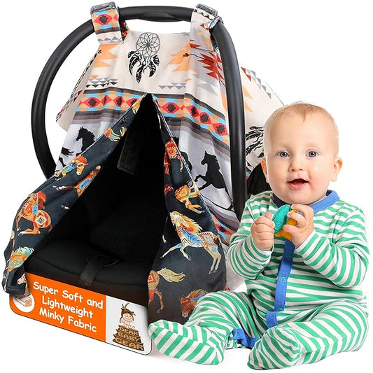 Dear Baby Gear - Baby Car Seat Canopy - Infant Car Seats Covers - Carseat Canopies for Boys and Girls - Toddler Carseat Cover with Snap Opening 40"x30"(Southwestern Tribal Horses - Reversible)