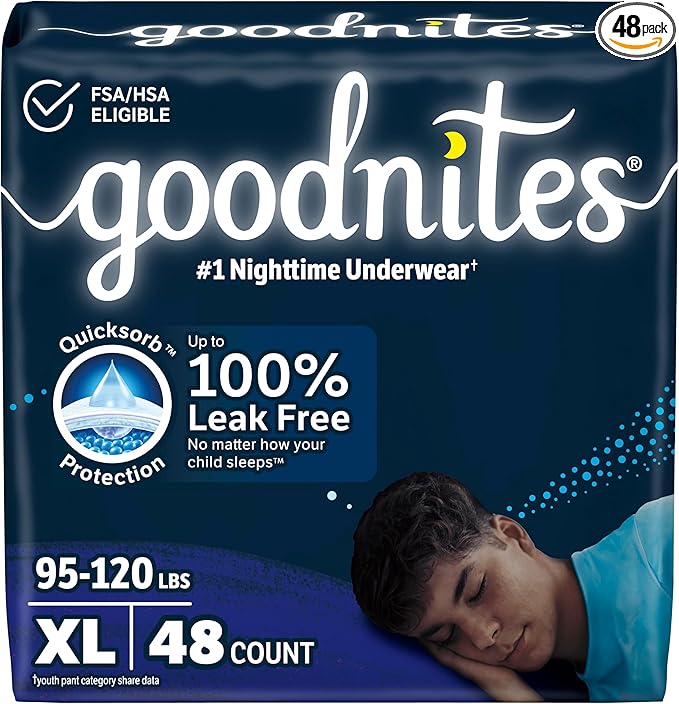 Goodnites Boys' Nighttime Bedwetting Underwear, Size Extra Large (95-120 lbs), 48 Ct (2 Packs of 24), Packaging May Vary