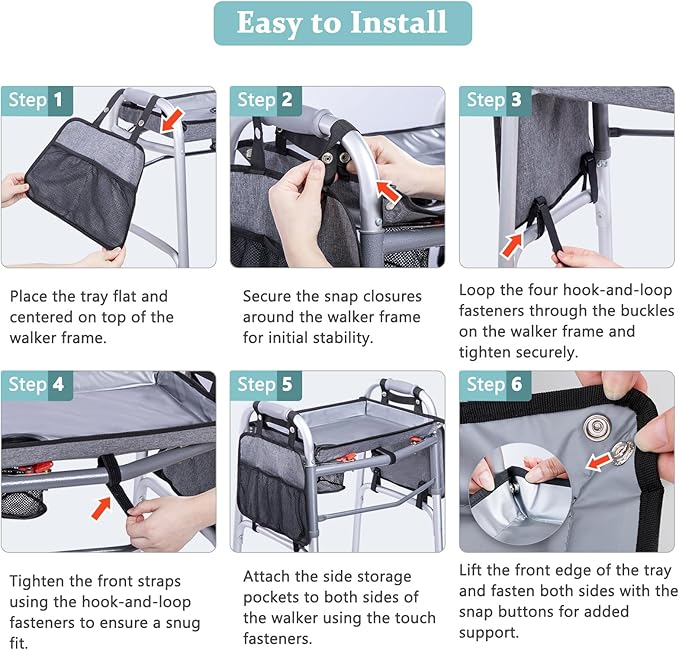 BAGSFY Walker Tray with Cup Holder & 2 Side Pockets, Folding Walker Table for Seniors | Sturdy, Easy-Clean Tray with PEVA Surface | Universal Fit for Standard Walkers, Walker Accessory for Elderly