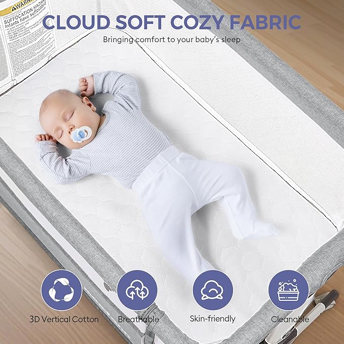 Baby Bassinet Bedside Sleeper, Upgraded Stability Bedside Crib with Full Mesh Sides, Soft Sheet, 6-Height Adjustment, Storage Basket, Easy Folding Portable Bassinet for Newborns, Gray
