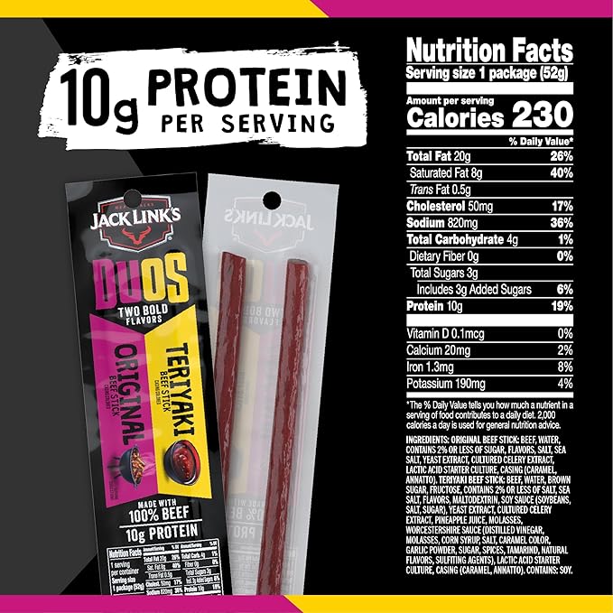Jack Link's DUOs Beef Jerky Meat Snack Sticks with 10g Protein – Original & Teriyaki, Made with 100% Beef, Two Flavors in One Package, 1.84oz (10 Pack of 2 Sticks)