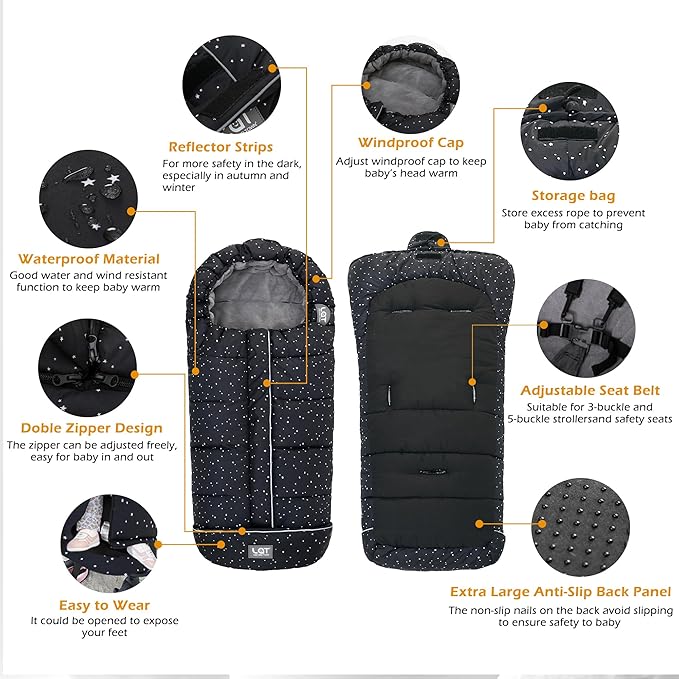 LAT Baby Warm Bunting Bag Universal,Stroller Sleeping Bag Cold Weather,Waterproof Toddler Footmuff(Basic,Black+White Stars)