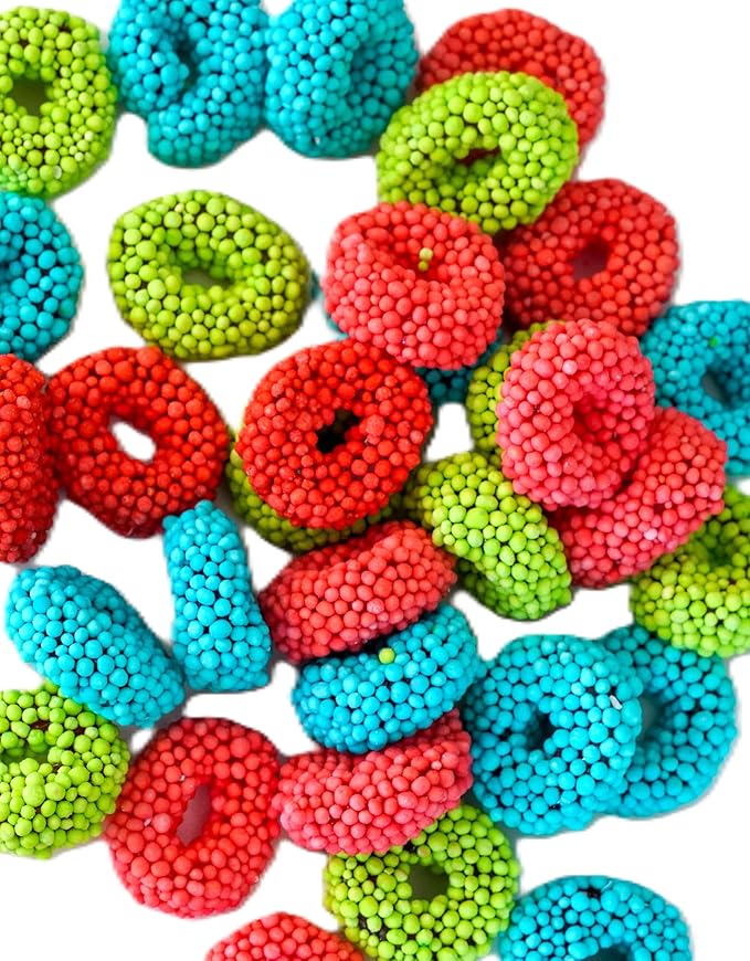 Assorted Sour Fruit Flavored Crunchy Candy Coated Gummy Candy Rings - 1 lb of Blue Raspberry Watermelon Green Apple Chewy Sweet Treats in Reasealable Bag