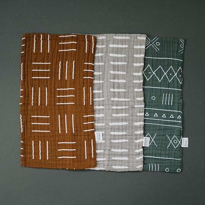 Mebie Baby Burp Cloths, Printed 3-Pack, Muslin Burp Cloth Set for Spit Up, Drool, and More, Boho Burp Cloths for Baby Boy and Girl, Baby Must Haves for Registry Lists and Gifts for Newborns