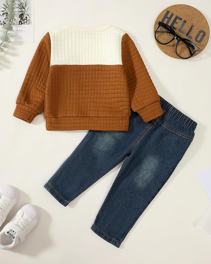 NZRVAWS Toddler Baby Boy Clothes Pullover Sweater Ripped Jean Sweatsuit Little Boy Outfit Fall Winter Clothing Set 6M-7T