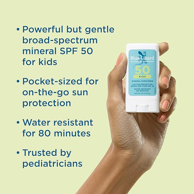 BLUE LIZARD Mineral Sunscreen Stick with Zinc Oxide SPF 50+ Water Resistant UVA/UVB Protection Easy to Apply Fragrance Free, Kids, Unscented, 0.5 oz