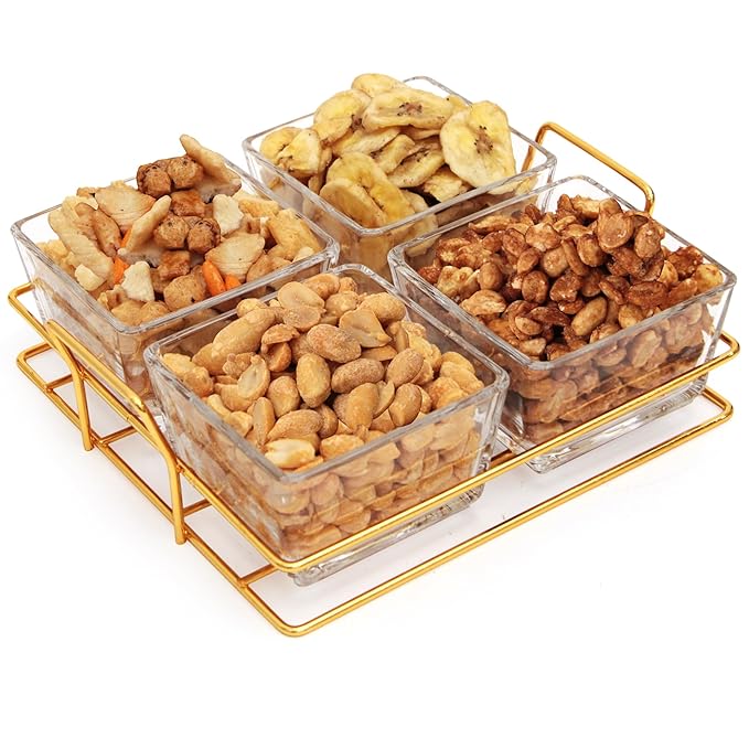 Nuts gift Basket Luxurious and Elegant 4 Sectional Premium Reusable Glass Tray, Perfect Holiday Food Gift Basket for Everyday Gifting
