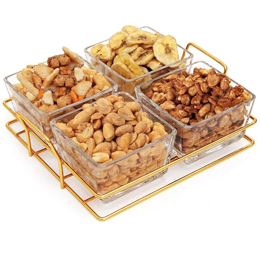 Nuts gift Basket Luxurious and Elegant 4 Sectional Premium Reusable Glass Tray, Perfect Holiday Food Gift Basket for Everyday Gifting