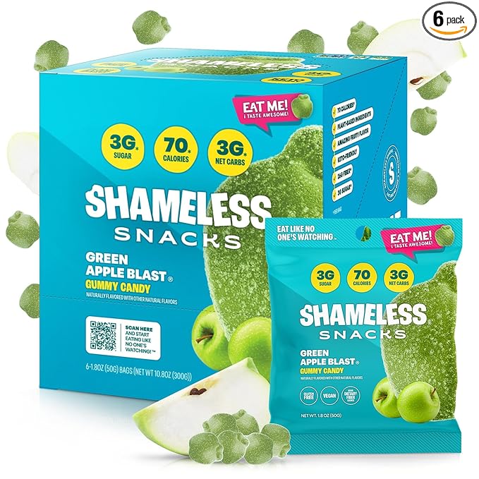 Shameless Snacks - Healthy Low Calorie Snacks, Low Carb Keto Gummies (Gluten Free Candy) - 6 Pack Green Apple Blast